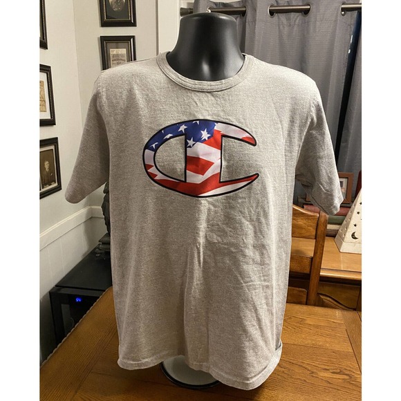Champion Other - Champion Mens American Flag Logo T-Shirt Heather Gray Sz Medium EUC Activewear